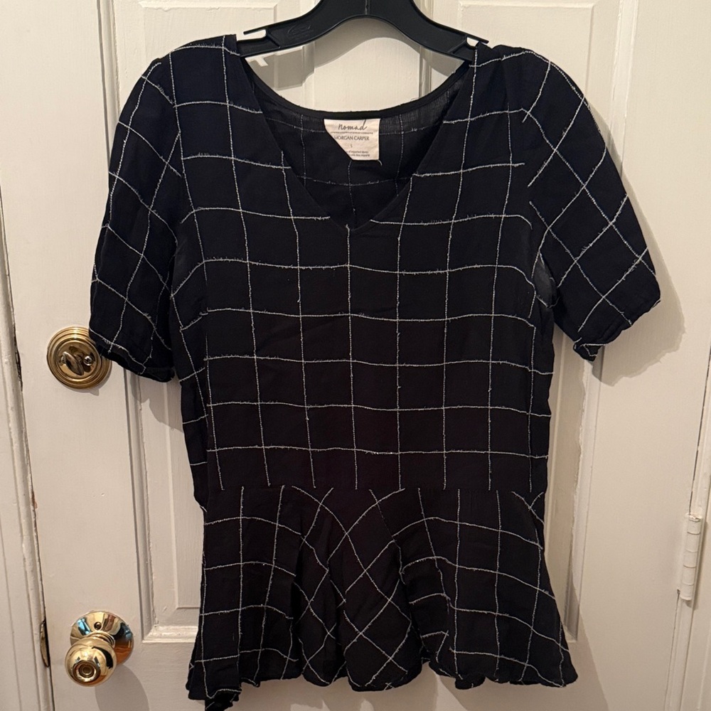 Anthro Nomad morgan carper cotton Black and White Checkered Blouse, sz S